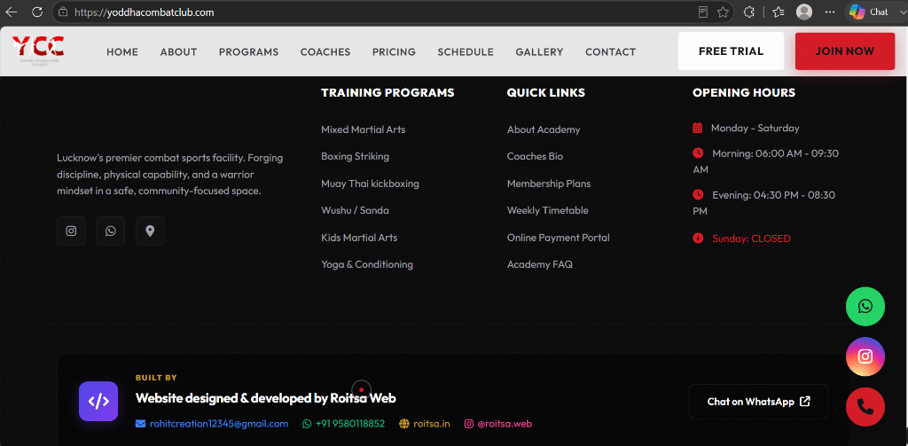 Yoddha Combat Club footer and contact experience